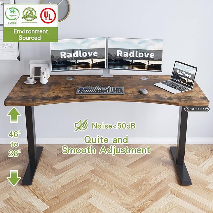 Radlove Dual Motor Height Adjustable Standing Desk, 63 x 30 Height Adjustable Computer Desk Sit Stand Desk Home Office Desks with Splice Board 265 lb Load Capacity Black Frame + Rustic Brown Top - LeafyLoom