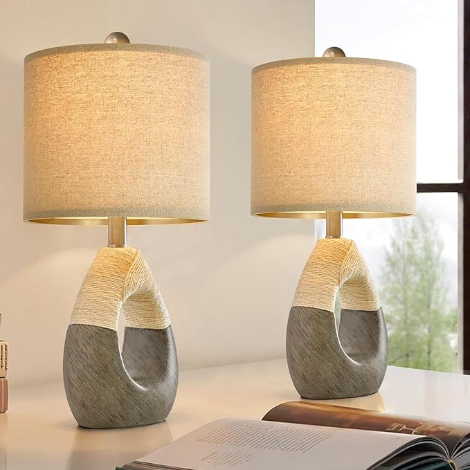 OYEARS Boho Table Lamps Bedroom Living Room Set 2 Sleeping and Reading,Small Farmhouse RattanTable Lamp 19”Rustic Egg Design Resin Light Decoration,Nightstand Bedside Lamps for Office Study Rest - LeafyLoom