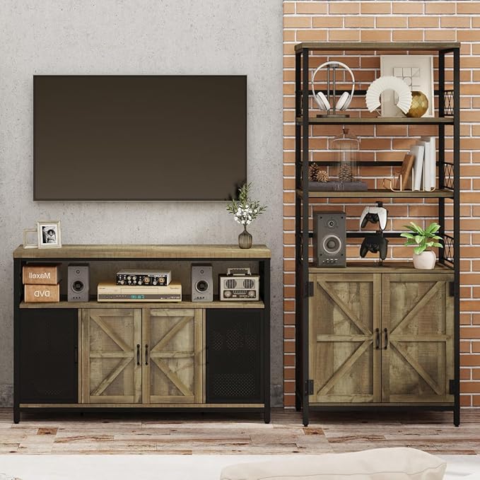 Rustic Bookcase with Storage Cabinet, Farmhouse Tall Bookshelf with Doors, Industrial Wood Metal Book Shelf for Home Office, Living Room, Bedroom (Rustic Oak) - LeafyLoom
