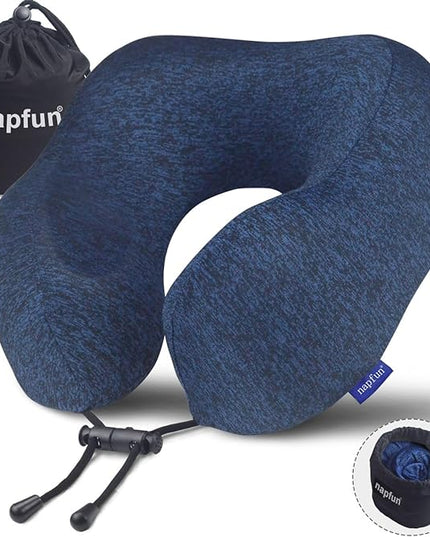 napfun Neck Pillow for Traveling, Upgraded Travel Neck Pillow for Airplane 100% Pure Memory Foam Travel Pillow for Flight Headrest Sleep, Portable Plane Accessories, Full Dark Blue, Medium (120-200LB) - LeafyLoom