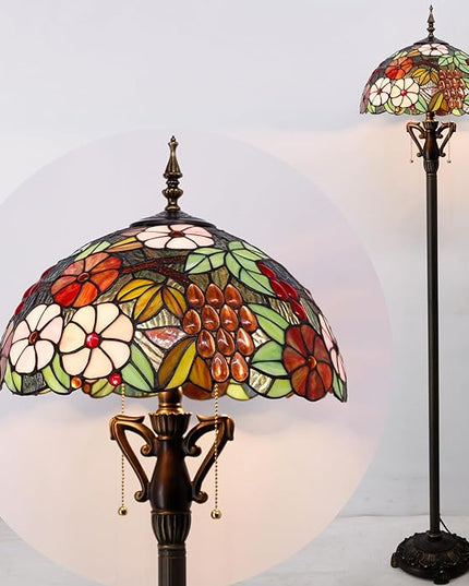 Tiffany Floor Lamp Stained Glass Standing Reading Light 16X16X66 Inch - Green Purple Grape - LeafyLoom