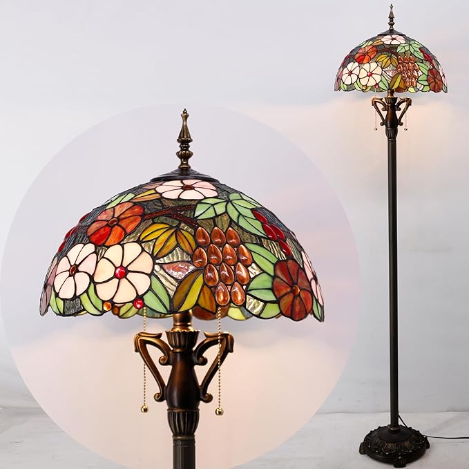 Tiffany Floor Lamp Stained Glass Standing Reading Light 16X16X66 Inch - Green Purple Grape - LeafyLoom
