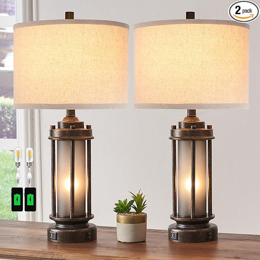 Set of 2 Farmhouse Lamps for Living Room, Rustic Vintage Bedroom Nightstand Table Lamp with 2 USB Charging Ports, Built-In Frosted Glass Night Light for End Table Entryway, 4 Bulbs Included (Bronze) - LeafyLoom