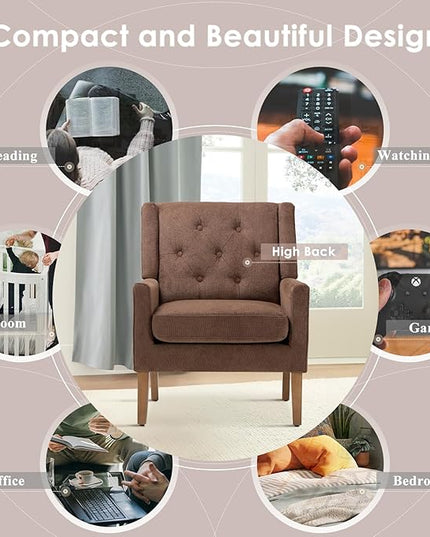 COLAMY Mid-Century Accent Chairs, Modern Wingback Living Room Chair, Upholstered Armchair with Button Tufted Back and Wood Legs for Bedroom/Office/Reading Spaces, Brown - LeafyLoom
