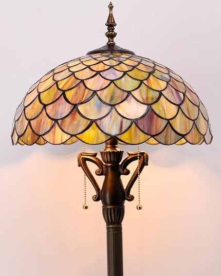 Tiffany Floor Lamp Stained Glass Standing Reading Light 16X16X64 Inch - Brown Fish Scales - LeafyLoom