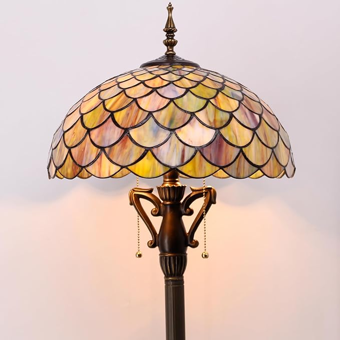 Tiffany Floor Lamp Stained Glass Standing Reading Light 16X16X64 Inch - Brown Fish Scales - LeafyLoom
