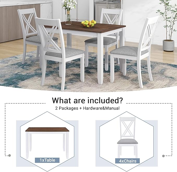 NicBex Dining Table Set for 4 Kitchen Table and Chairs Wood 5-Piece Dining Table Set with 4 X-Back Chairs for Small Places for Small Space, Apartment, Studio, White - LeafyLoom