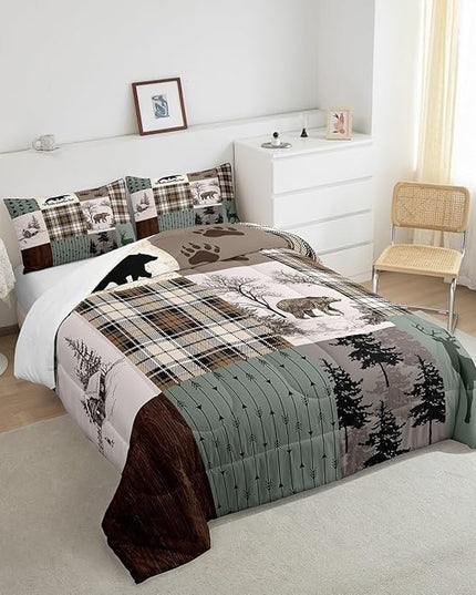 Rustic Farmhouse Kids Comforter Set Twin Size,Deer Antlers Bear Paws Plaids Patchwork Bedding Set for Boys Girls Adults Room Decor,Pine Trees Arrows Down Comforter,Xmas Duvet Insert,1 Pillowcase - LeafyLoom