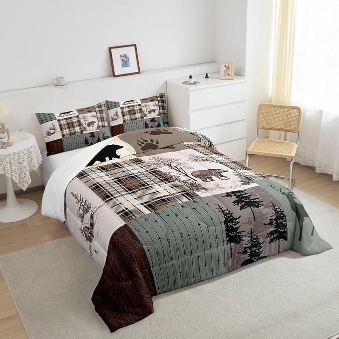 Rustic Farmhouse Kids Comforter Set Full Size,Deer Antlers Bear Paws Plaids Patchwork Bedding Set for Boys Girls Adults Room Decor,Pine Trees Arrows Down Comforter,Xmas Duvet Insert,2 Pillowcases - LeafyLoom