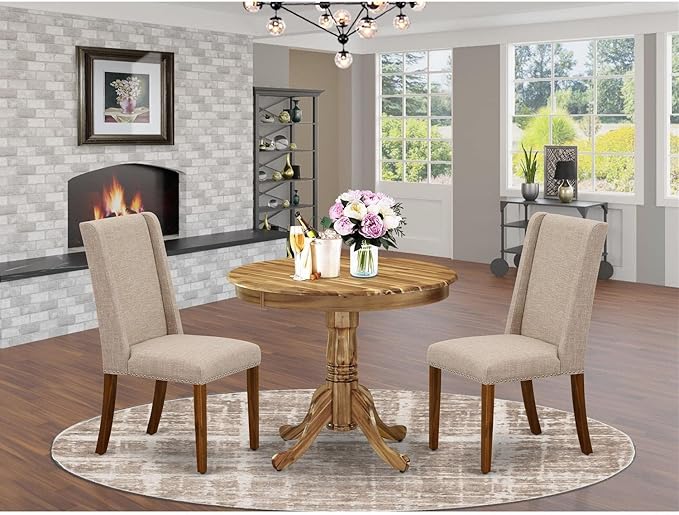 East West Furniture Antique 3 Piece Kitchen Set Contains a Round Dining Room Table with Pedestal and 2 Light Tan Linen Fabric Upholstered Chairs, 36x36 Inch, ANFL3-ANA-04 - LeafyLoom
