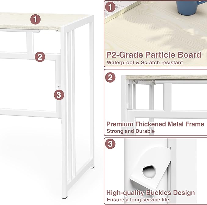 Folding Desk 40'' Computer Desk for Home Office, No Assembly Office Desk Foldable Simple Study Writing Desk Table for Small Spaces(Beige, White) - LeafyLoom