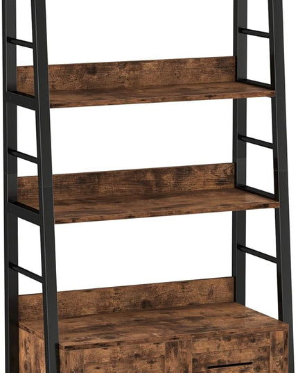 IRONCK Bookshelf with Louvered Doors, 3-Tier Ladder Shelf with Cabinet Industrial Accent Furniture for Bedroom Living Room Home Office, Rustic Brown - LeafyLoom