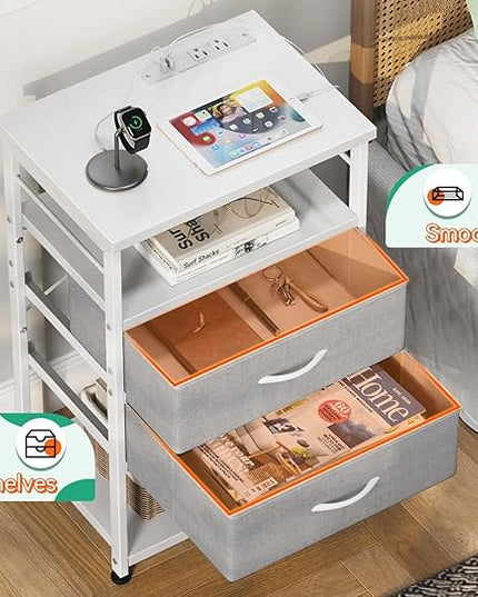 AODK Night Stand with Charging Station, End Table for Bedroom Tall Nightstand with Drawers, Small Nightstand for Bedroom, 4-Tier Storage Bedside Table, White and Light Grey - LeafyLoom
