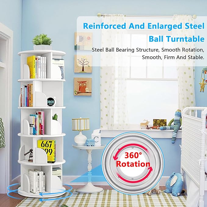 Rotating Bookshelf Tower, 360 Display 5 Tier Floor Standing Bookcase Storage Rack for Kids&Adults, Corner Bookshelf for Small Space, Book Shelf Rotating Bookcase for Bedroom, Living Room, Study - LeafyLoom