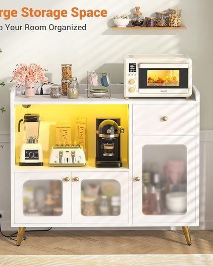 Cyclysio Sideboard Buffet Cabinet with Power Outlet, Kitchen Cabinet with LED Lights, Large Bar Cart Accent Buffet Cabinet with Door for Bedroom, Living Room, Kitchen, Hallway, White - LeafyLoom