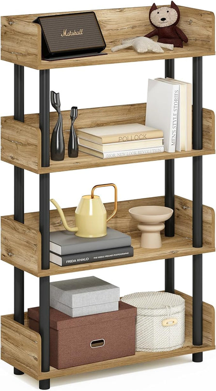 Furinno Turn-N-Tube 4-Tier Toolless Display Rack, Flagstaff Oak/Black - LeafyLoom