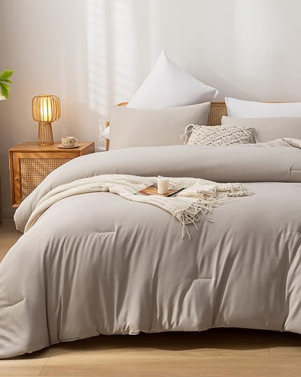 King Comforter Set Tannish Grey Solid Color Lightweight Bedding Comforter Sets 3pcs (1 Comforter, 2 Pillowcases) Soft Microfiber Down Alternative Comforter for All Season - LeafyLoom