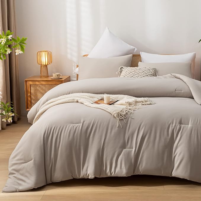 King Comforter Set Tannish Grey Solid Color Lightweight Bedding Comforter Sets 3pcs (1 Comforter, 2 Pillowcases) Soft Microfiber Down Alternative Comforter for All Season - LeafyLoom