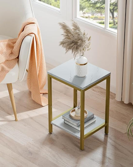 SAYGOER White Faux Marble End Tables Small Side Table with Storage Wood Night Stand Gold Metal Frames 2 Tier Bedside Table with Adjustable Feet, 1PCS, White Gold - LeafyLoom