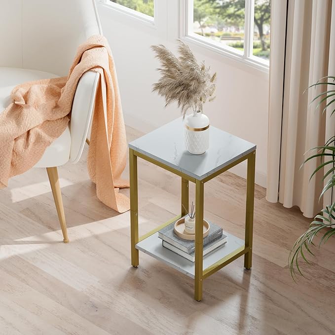 SAYGOER White Faux Marble End Tables Small Side Table with Storage Wood Night Stand Gold Metal Frames 2 Tier Bedside Table with Adjustable Feet, 1PCS, White Gold - LeafyLoom
