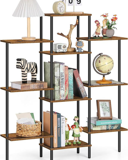ETELI 4 Tier Small Bookshelf Triple Wide Bookcase with 10 Storage Shelves Open Shelf Book Shelf Book Case for Home & Office, Living Room, Industrial Style, 7.8" D x 37" W x 41.6" H - LeafyLoom