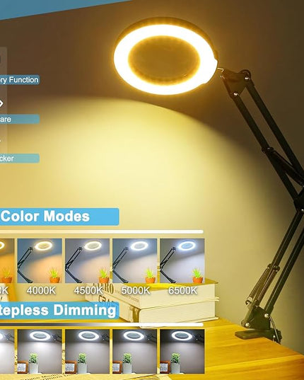 2.25X Magnifying Glass with Light and Clamp, Real Glass Stand Lighted Magnifier, 5 Color Modes Stepless Dimmable LED Desk Lamp Hands Free for Crafts Hobby Reading Painting Sewing Close Work - LeafyLoom