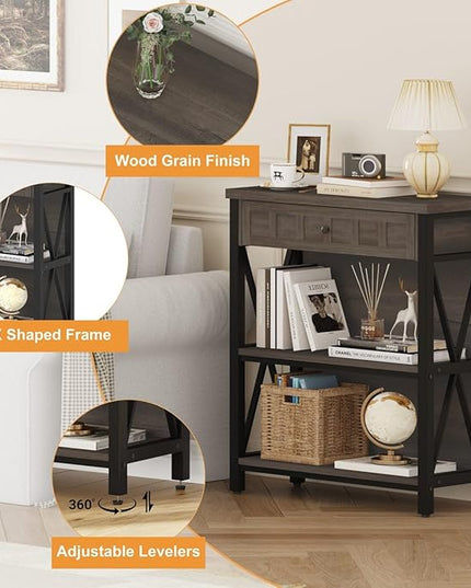 FATORRI Rustic Bookshelf with Drawer, Industrial Wood and Metal Bookcase, Small Book Shelf and Low Book case for Small Space (Walnut Brown) - LeafyLoom