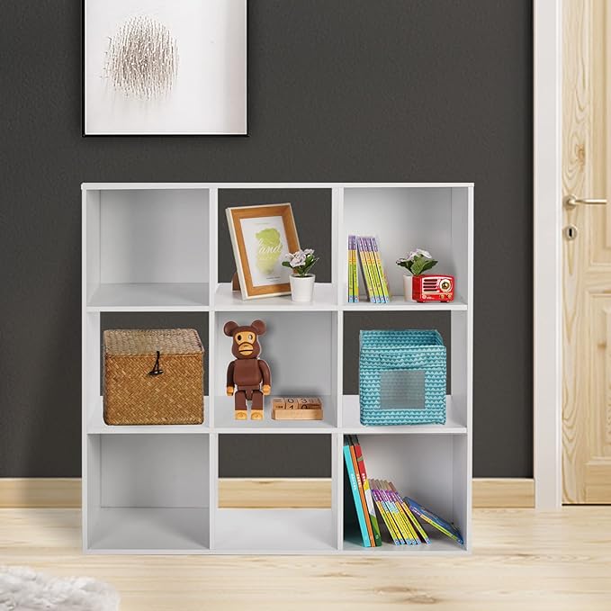 PACHIRA US Open Shelf Bookcase, 9 Cube White Storage Organizer Wood Display Shelf, Free Standing Cubby Bookcase Cabinet Divider Bookshelf Fits 11“ Storage Bin - LeafyLoom
