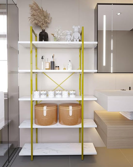 5 Tiers Bookshelf Organizer White Faux Marble Shelf,Modern Open Display Storage Bookcase, and Metal Bookshelf Standing Storage Shelf Tall Shelving Units for Home Office Study - LeafyLoom