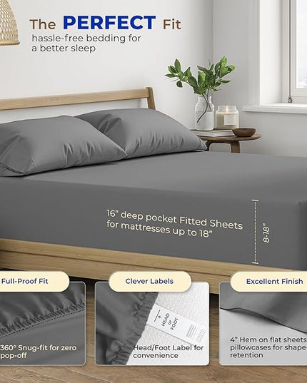 THREAD SPREAD 100% Egyptian Cotton Split King Sheets Sets for Adjustable Bed - 600 Thread Count 5 PC Top Split King Sheets, 16" Deep Pocket Cooling Sheets for Split King Adjustable Bed - Dark Grey - LeafyLoom