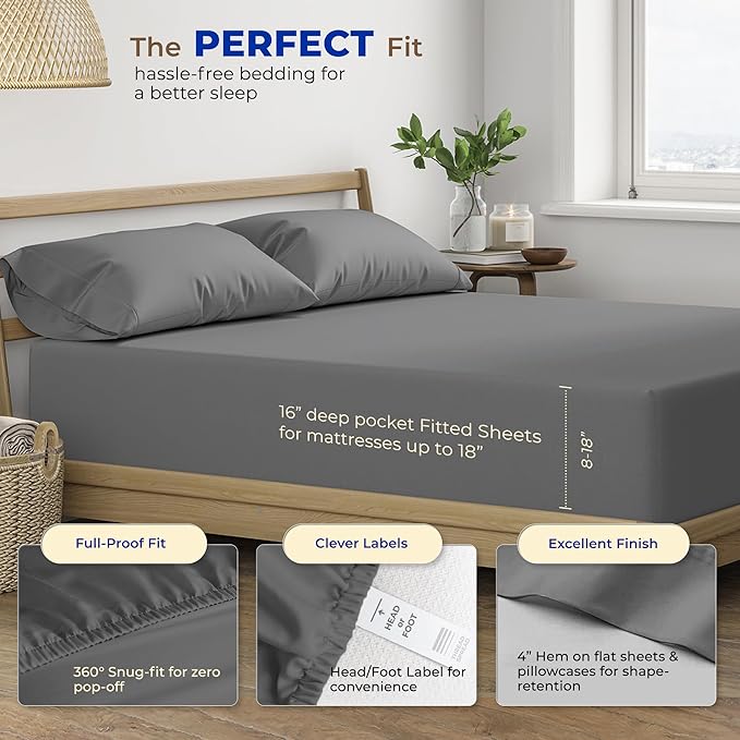THREAD SPREAD 100% Egyptian Cotton Split King Sheets Sets for Adjustable Bed - 600 Thread Count 5 PC Top Split King Sheets, 16" Deep Pocket Cooling Sheets for Split King Adjustable Bed - Dark Grey - LeafyLoom