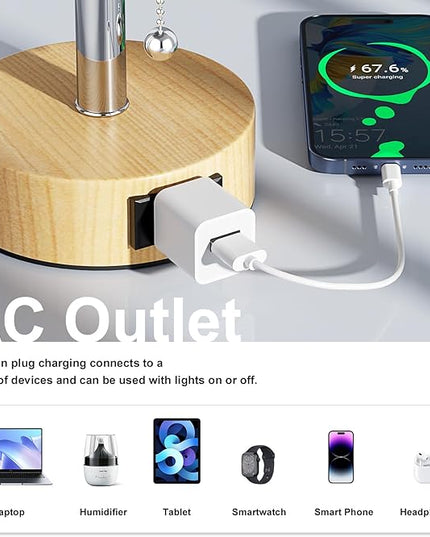 Wood Grain Bedside Table Lamps Set of 2-3 Color Temperatures Pull Chain Lamp with AC Outlet Charging Port, Two Round Night Stand Lamps for Bedroom Office, Small Bed Light with E26 LED Bulbs - LeafyLoom