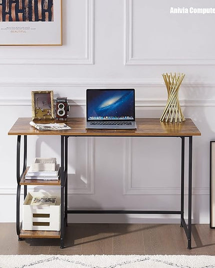 Anivia Writing Computer Home Office Desk with 2 Storage Shelves on Left or Right Side, Industrial Simple Style Wood Table Metal PC Laptop Notebook, 47", Rustic Brown + Black Frame - LeafyLoom