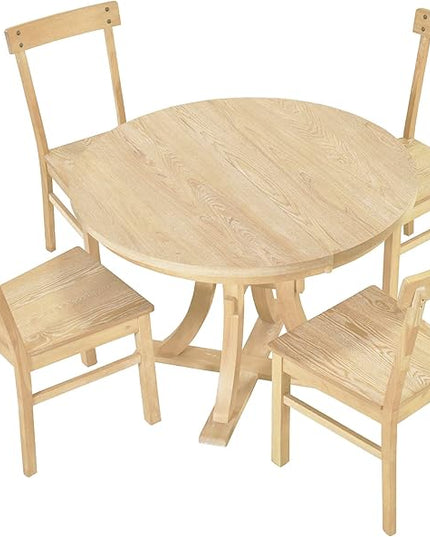 Merax 5-Piece, Natural Rustic Set with Round Pedestal Extendable Table and 15.7" Removable Leaf, Simple Dining Chirs for Small Places - LeafyLoom