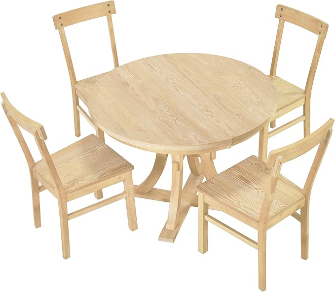 Merax 5-Piece, Natural Rustic Set with Round Pedestal Extendable Table and 15.7" Removable Leaf, Simple Dining Chirs for Small Places - LeafyLoom