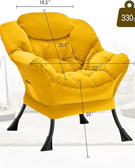 Fabric Lazy Chair Large Accent Chair,Velvet Frabic Modern Lounge Reading Chair with Armrests & Side Pocket,Upholstered Armchair for Living Room,Bedroom,Dorm,Yellow - LeafyLoom
