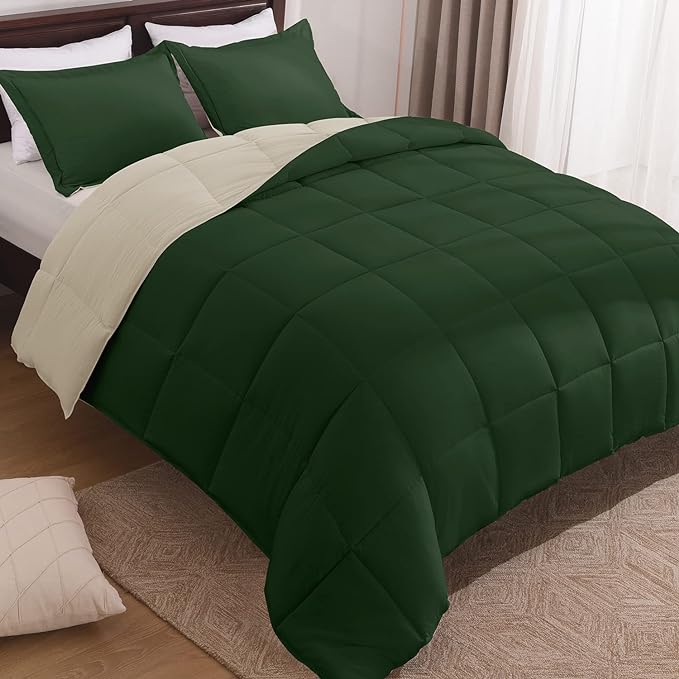 Basic Beyond Twin Comforter Set for Girls and Boys - Fluffy Twin Bed Comforter Set for All Seasons - Reversible Forest Green Comforter Set - 2 Pieces (1 Comforter + 1 Pillow Sham) - Forest Green/Ivory - LeafyLoom