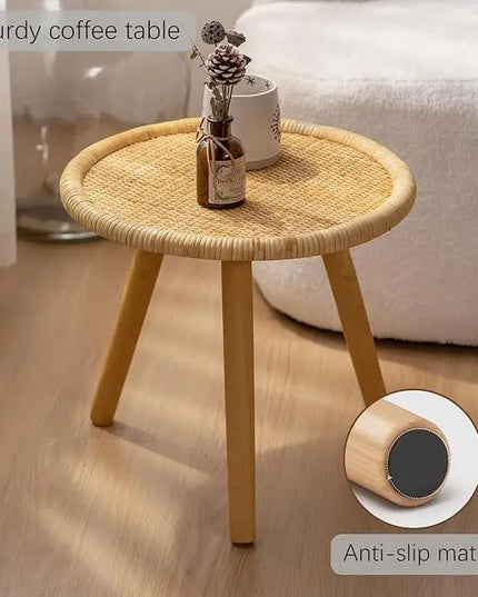 Rattan Round Coffee Table, Boho Circle Side Table End Table for Living Room, Small Mid Century Accent Table for Bedroom Balcony - LeafyLoom