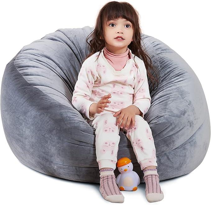 Bean Bag Chair Cover, Stuffed Animal Storage, Plush Toys Organizer Holder, Beanbag Chairs Cover for Kids Teans and Adults Super Soft and Comfortable Fabric X-Large with Handle and Zipper -Round Grey - LeafyLoom