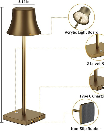 Cordless Table Lamp, Rechargeable Battery 5000mAh Metal USB LED Portable Powered Desk Lamp, 3 Levels for Restaurants Bedroom Outdoor (Antiqued gold) - LeafyLoom