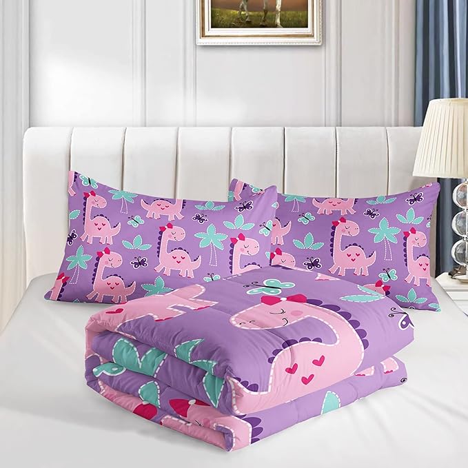 Axolotl Cute Dinosaur Comforter Set Twin Size,Girls Bedding Cartoon Dinosaur Bedding Set for Girls Teens Kids Boys Adults Room Decor,Kids Comforter Set All Season,1 Quilt 2 Pillow Cases,Purple - LeafyLoom