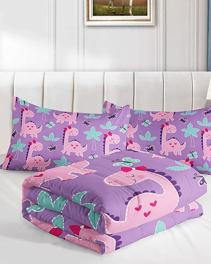 Axolotl Cute Dinosaur Comforter Set Queen Size,Girls Bedding Cartoon Dinosaur Bedding Set for Girls Teens Kids Boys Adults Room Decor,Kids Comforter Set All Season,1 Quilt 2 Pillow Cases,Purple - LeafyLoom