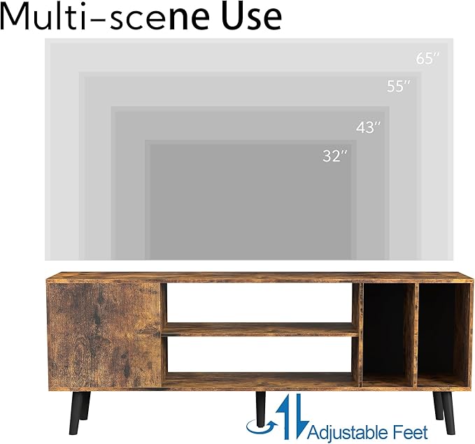 Yusong TV Stand for 55/65 inch TV, Mid Century Modern TV Console Table, Media Entertainment Center with Storage for Living Room Bedroom, Wood TV Cabinet, Rustic Brown - LeafyLoom