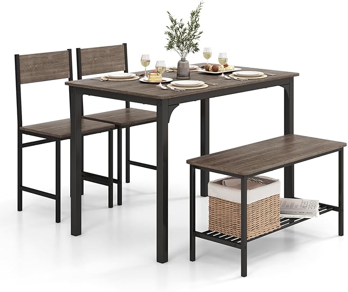 Moccha Dining Table Set for 4, Wooden Kitchen Table with with 2 Chairs and a Long Bench, Modern 4-Piece Dinette with Metal Frame & Storage Rack, Space-Saving Table Set for Dining Room, Black Oak - LeafyLoom