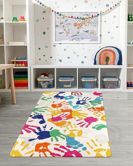 Handprints and Footprints Kids Rug for Playroom, 3'x5' Washable Colorful Nursery Rug for Boys and Girls Room, Ultra Soft Non-Slip Carpet Indoor Mat for Classroom Bedroom - LeafyLoom