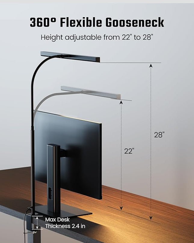 SUPERDANNY LED Desk Lamp for Office Home, Eye-Caring Desk Light with Adjustable Gooseneck, 12W Touch Control Dimmable Brightness, Architect Clamp Lamp with USB Adapter for Reading Study Workbench - LeafyLoom