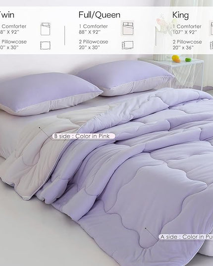 COTTEBED Reversible Ultra-Soft Light Pink and Purple Comforter Set Queen Full Size, Jersey Knit T-Shirt Feel Cute Fluffy Lightweight Bedding Down Blanket Quilt Pillowcase for Man Women Girl All Season - LeafyLoom