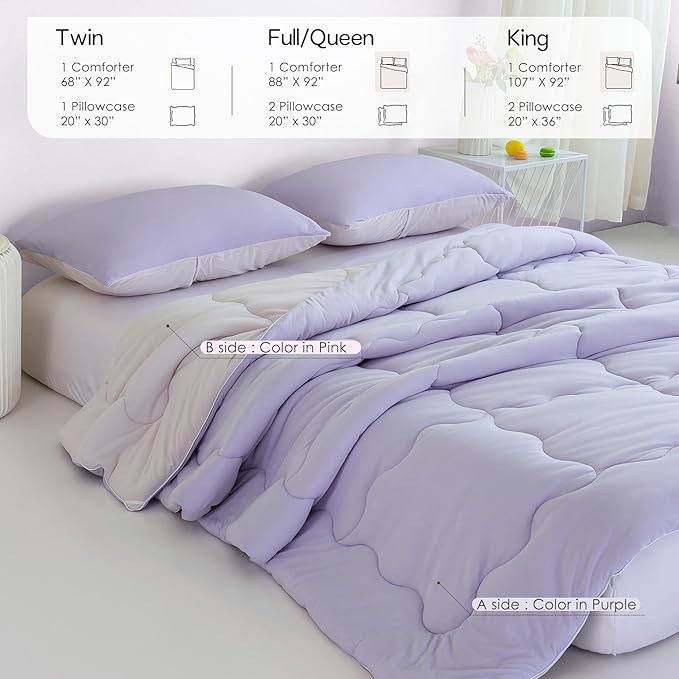 COTTEBED Reversible Softness Pink Purple Twin Comforters Sets for Girl Kids College Dorm, Cute Jersey Knit Lightweight Breathable Fluffy Cozy Comfy Bed Down Comforter Quilt for All Season Twin/Twin XL - LeafyLoom