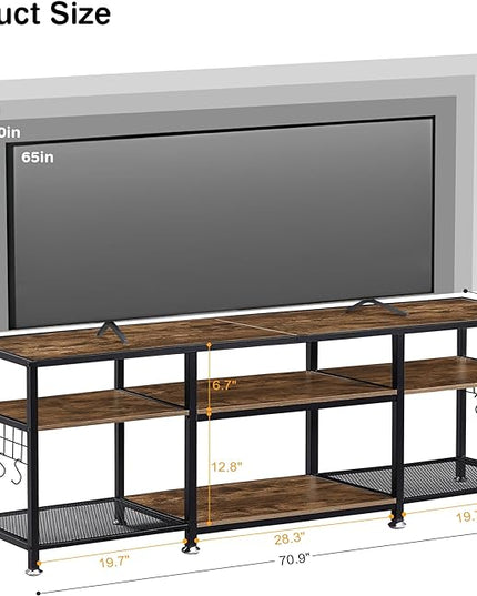 VECELO TV Stand for Televisions up to 75 Inch, Industrial Entertainment Center with 3-Tier Open Storage Shelves& Hooks for Living, Bedroom and Gaming Room, 70 in, Brown - LeafyLoom