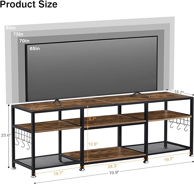 VECELO TV Stand for Televisions up to 75 Inch, Industrial Entertainment Center with 3-Tier Open Storage Shelves& Hooks for Living, Bedroom and Gaming Room, 70 in, Brown - LeafyLoom